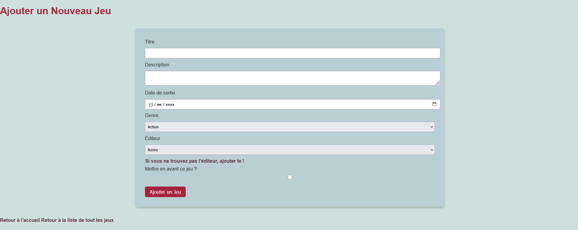 Formulaire de création d’un jeu